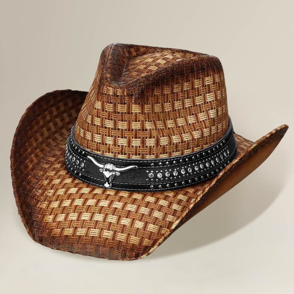 Longhorn Steer Head Rugged Studded Band Western Straw Cowboy Hat
